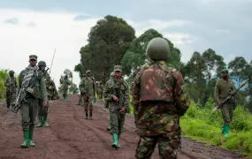 Congolese M23 rebels are pictured withdrawing from Kibumba, near Goma, in North Kivu province, on 23 December 2022.